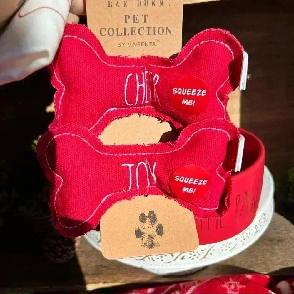 NEW 4 Pc SET - DECK THE PAWS - Rae Dunn Pet Bowl, Bandana, & 2 squeaky Bone Toys